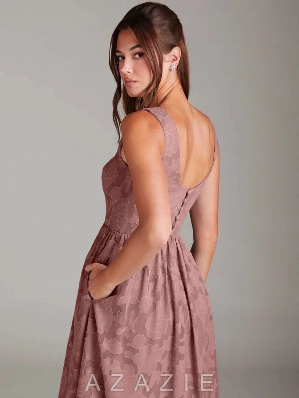 Azazie Dusty Rose Floral Midi Dress - Picture 3 of 7